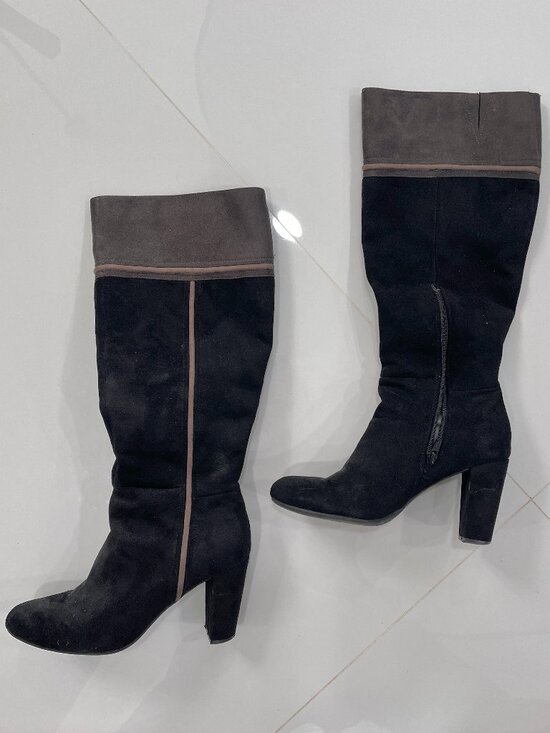 Rialto Shoes - Rialto Black Gray Cordelia Patchwork Boots Zipper Suede Knee High Heel Almond 8M